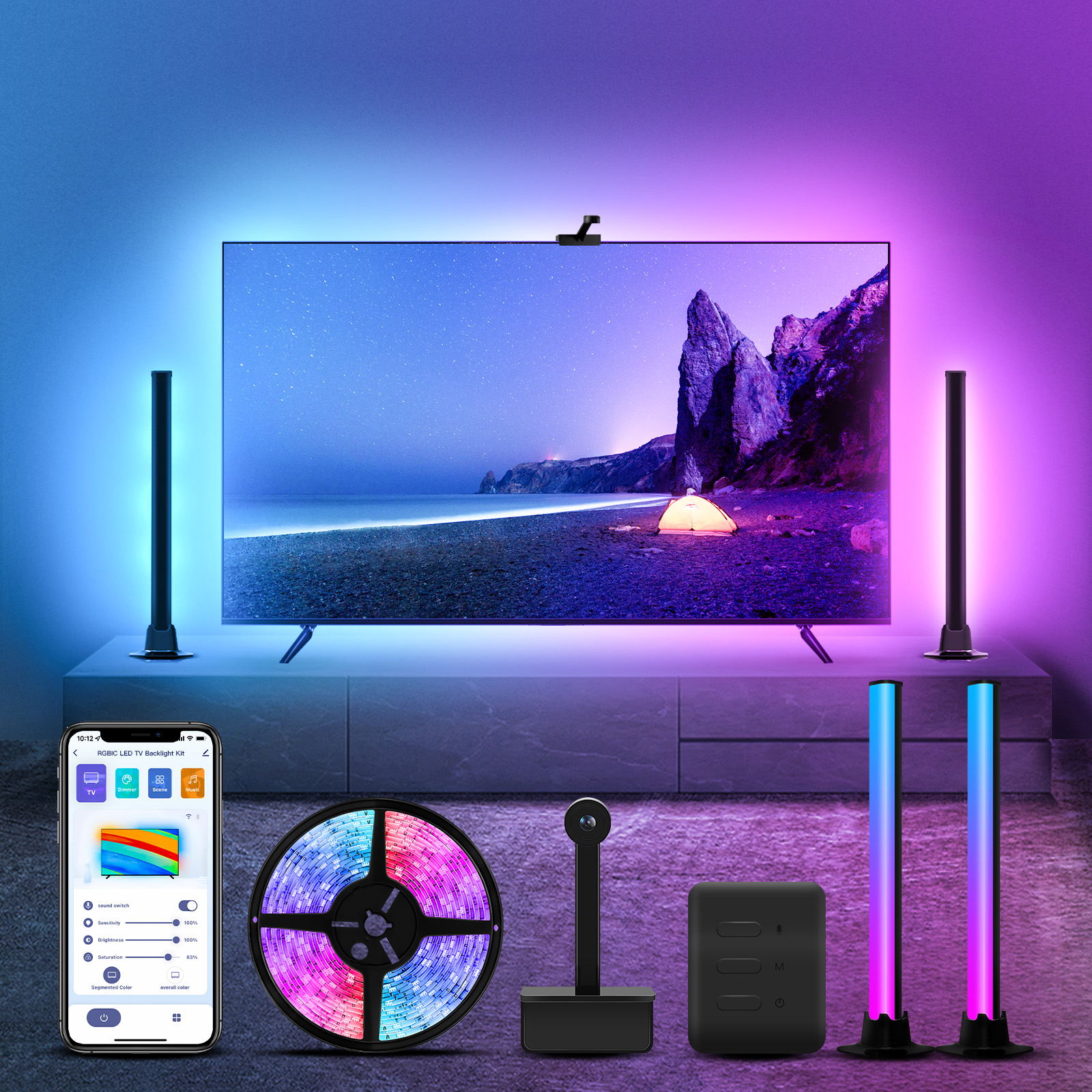 LED-Wifi-Smart-TV-Backlight-Light-RGBIC-Music-Light-Bar-With-Camera-Voice-Control-Alexa-Google-8